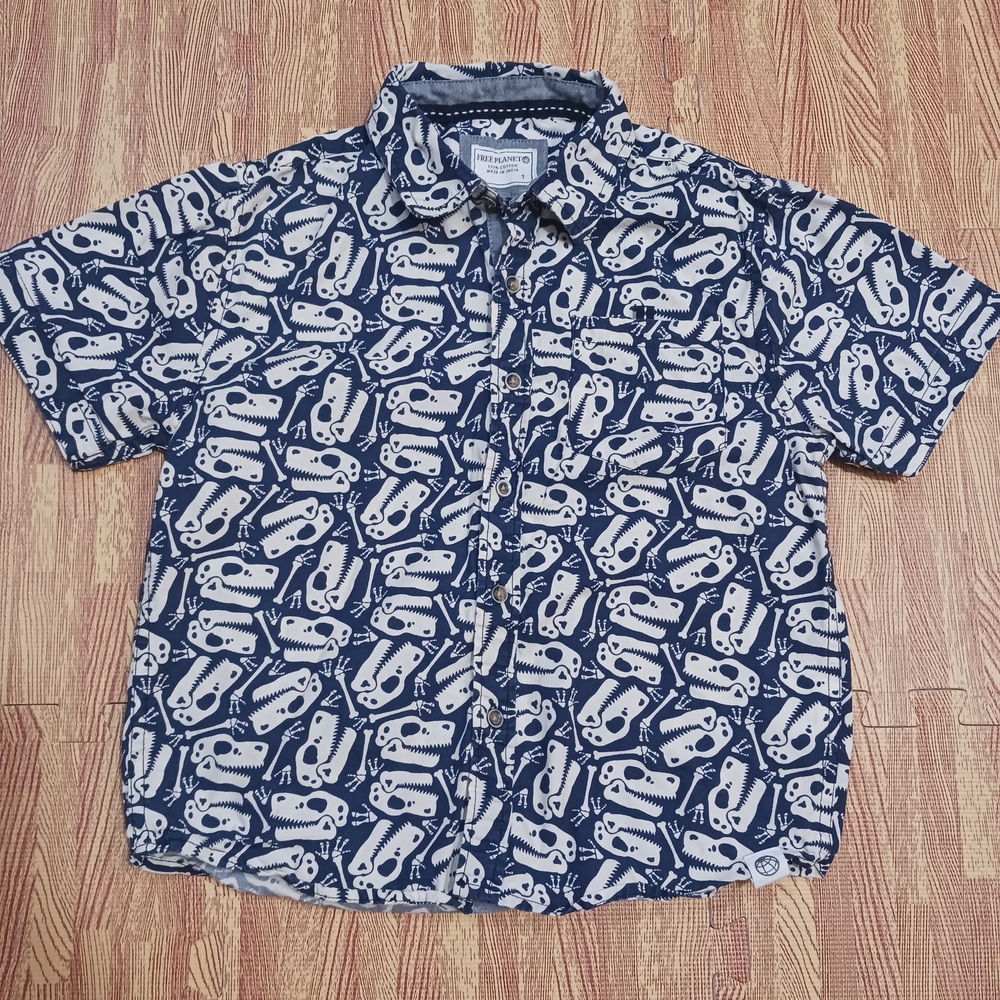 Free Planet Cotton Dino Dinosaur Bones Blue Patterned Button Down Shirt Kids 7
